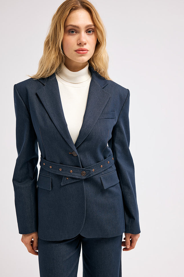 Lacivert Kemerli Blazer Ceket