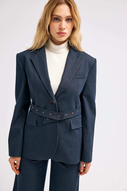Lacivert Kemerli Blazer Ceket