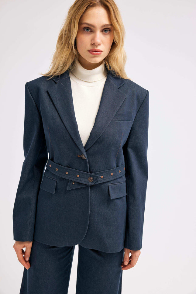 Lacivert Kemerli Blazer Ceket