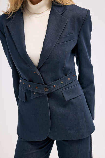 Lacivert Kemerli Blazer Ceket