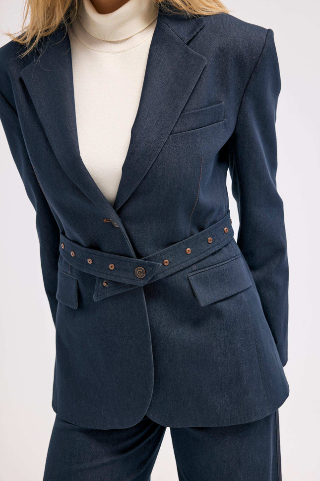 Lacivert Kemerli Blazer Ceket