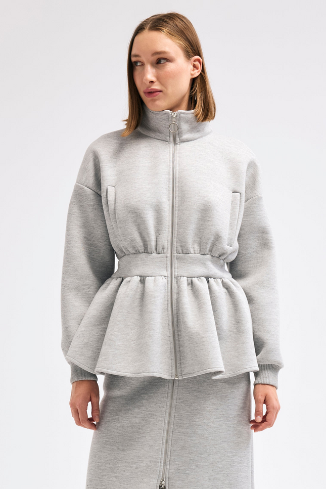 Gri Volanlı ve Fermuarlı Sweatshirt