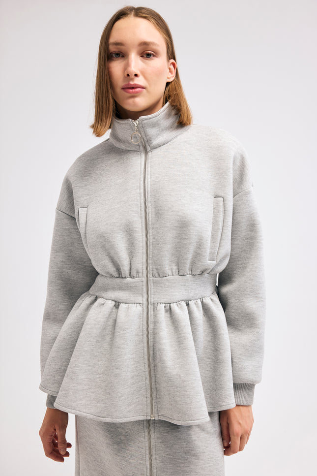 Gri Volanlı ve Fermuarlı Sweatshirt