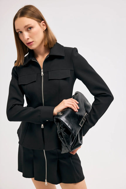 Siyah Fermuarlı Blazer Ceket