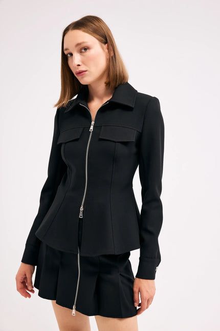 Siyah Fermuarlı Blazer Ceket