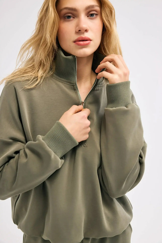 Fermuarlı Haki Sweatshirt