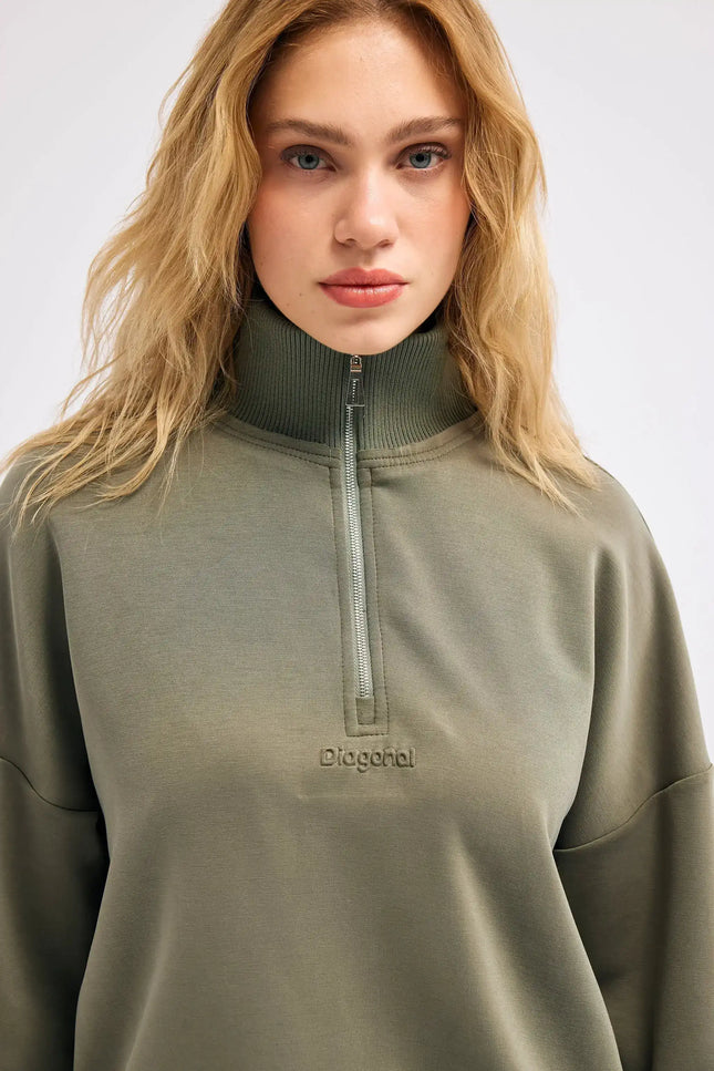 Fermuarlı Haki Sweatshirt