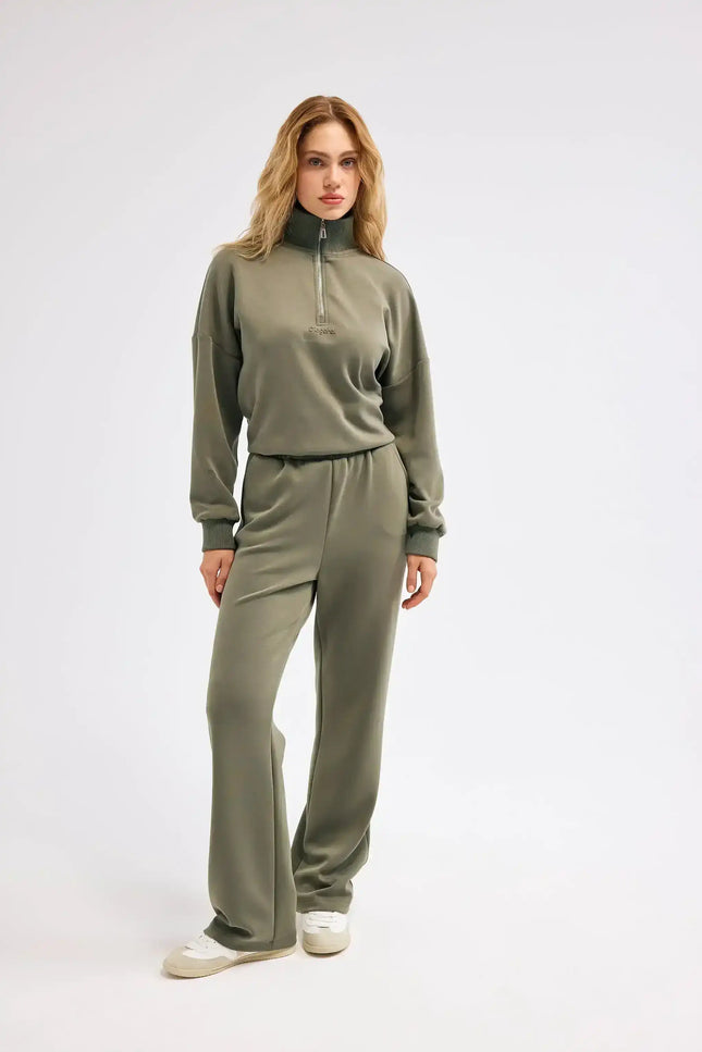 Fermuarlı Haki Sweatshirt