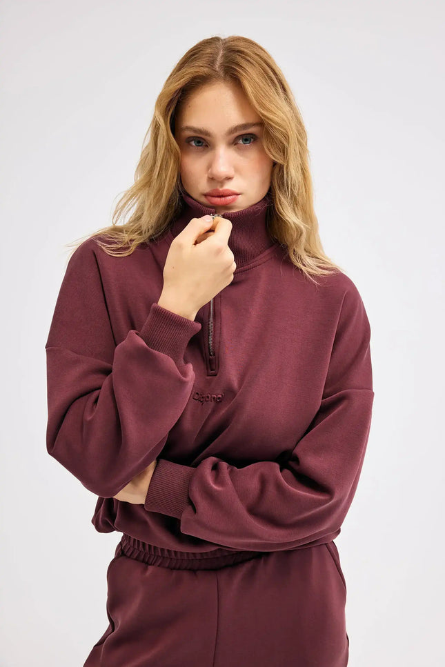 Fermuarlı Bordo Sweatshirt