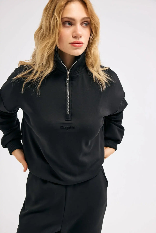 Fermuarlı Siyah Sweatshirt