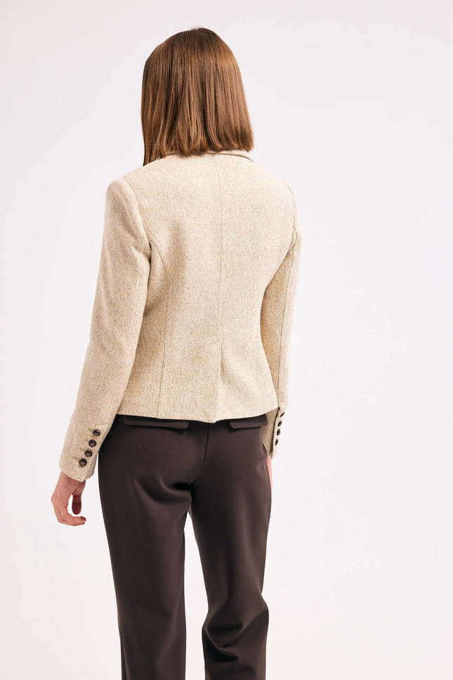 Bej Balıksırtı Desenli Blazer Ceket