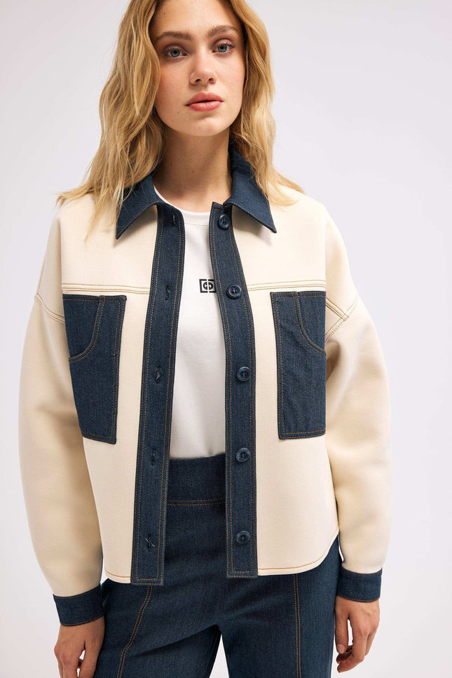 Denim Detaylı Bej Ceket