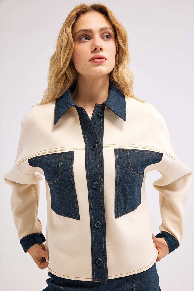 Denim Detaylı Bej Ceket