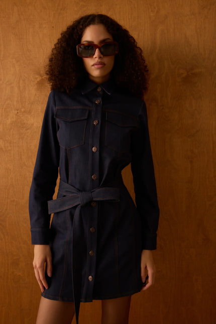 Kuşaklı Denim Elbise