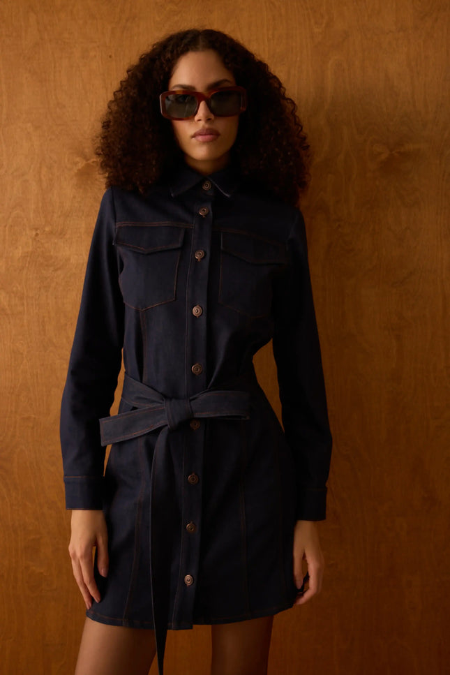 Kuşaklı Denim Elbise