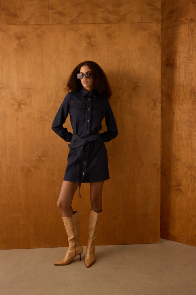 Kuşaklı Denim Elbise