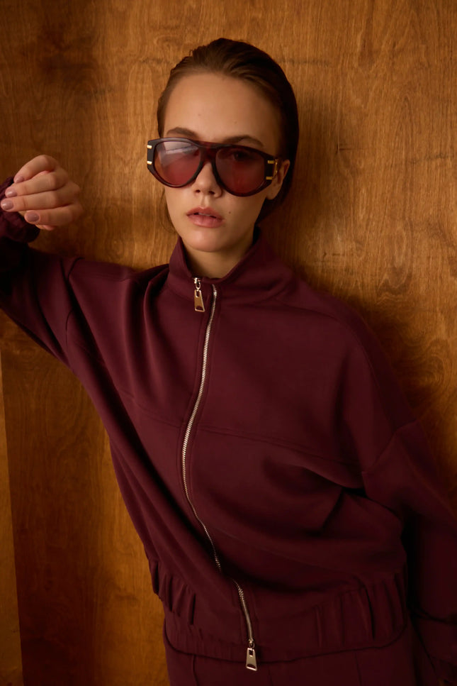 Bordo Fermuarlı Sweatshirt