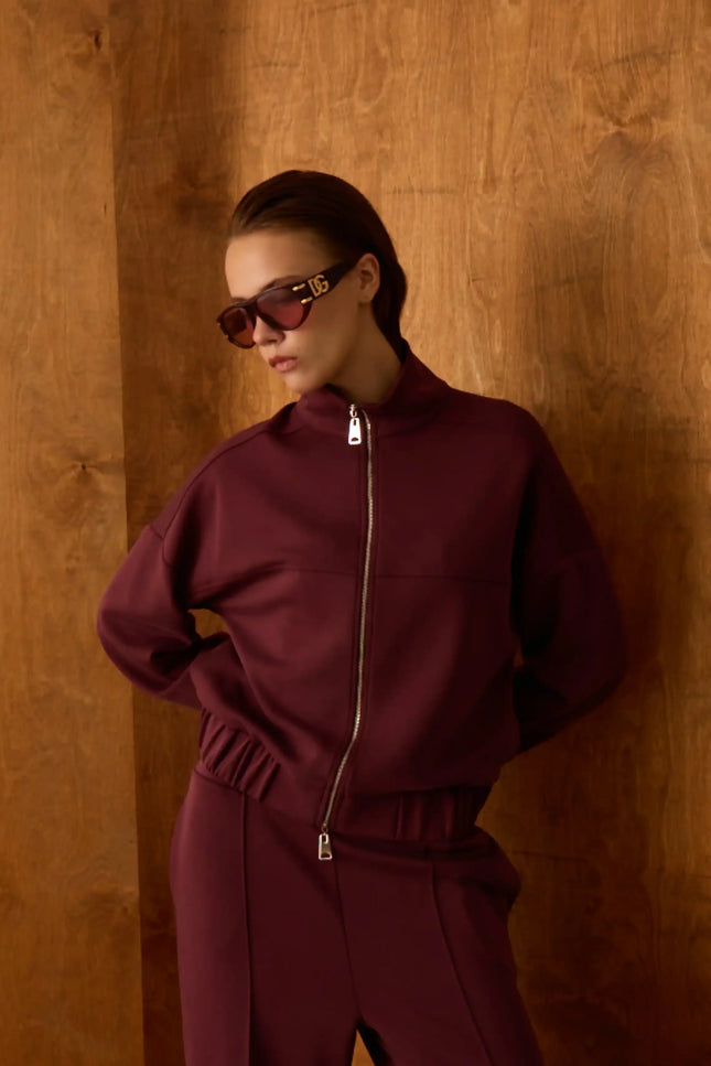 Bordo Fermuarlı Sweatshirt