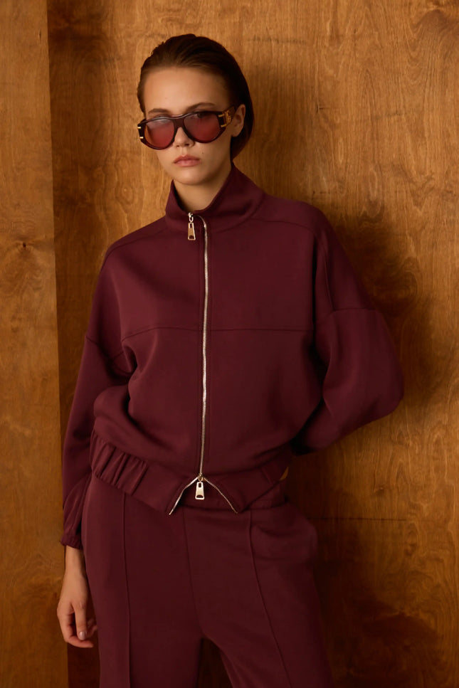 Bordo Fermuarlı Sweatshirt