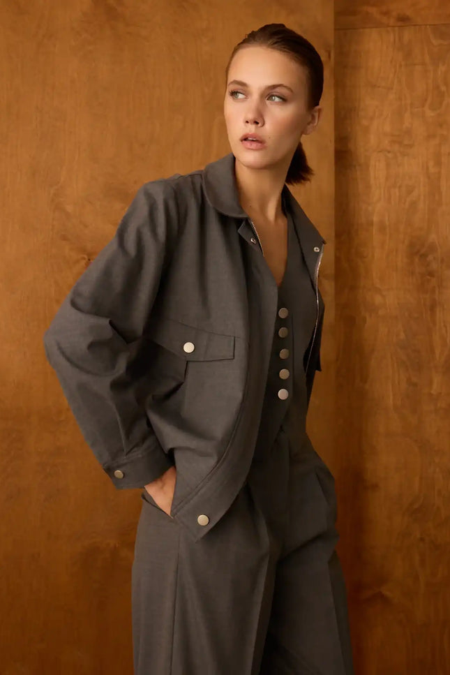 Fermuarlı Gri Ceket