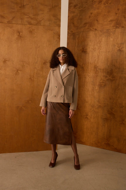 Camel Kruvaze Yaka Kısa Kaban