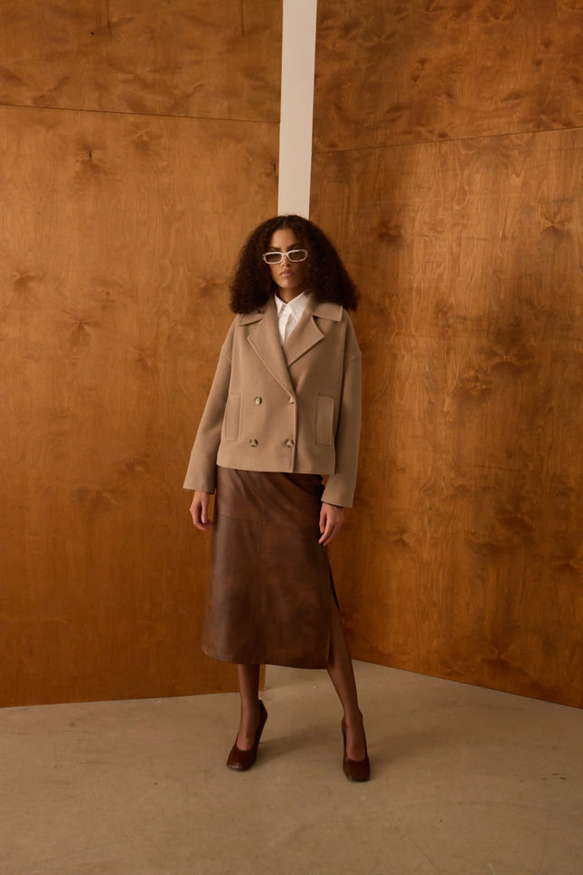 Camel Kruvaze Yaka Kısa Kaban