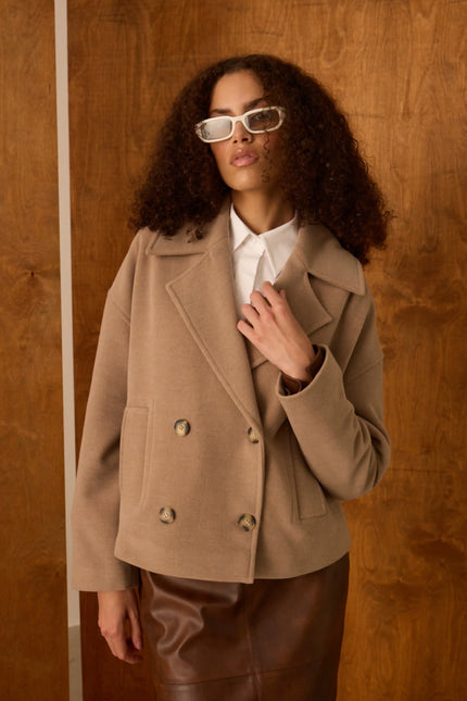 Camel Kruvaze Yaka Kısa Kaban