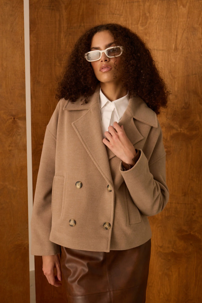 Camel Kruvaze Yaka Kısa Kaban