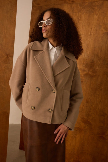 Camel Kruvaze Yaka Kısa Kaban