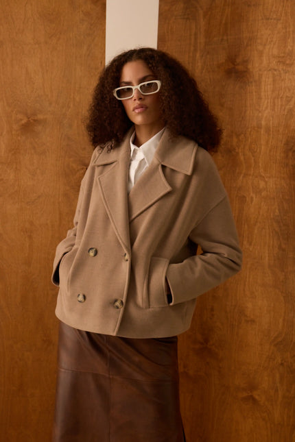 Camel Kruvaze Yaka Kısa Kaban