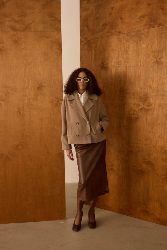 Camel Kruvaze Yaka Kısa Kaban