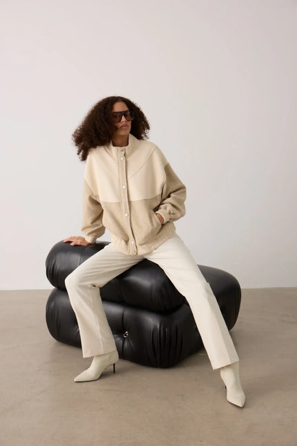 Bej Balıksırtı Desenli Bomber Ceket