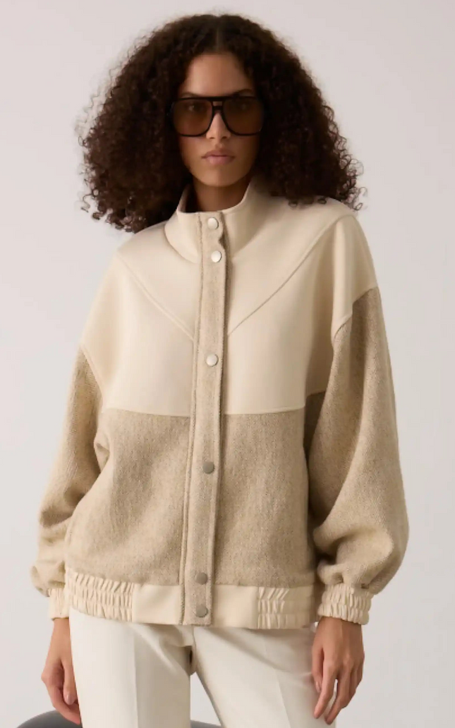 Bej Balıksırtı Desenli Bomber Ceket