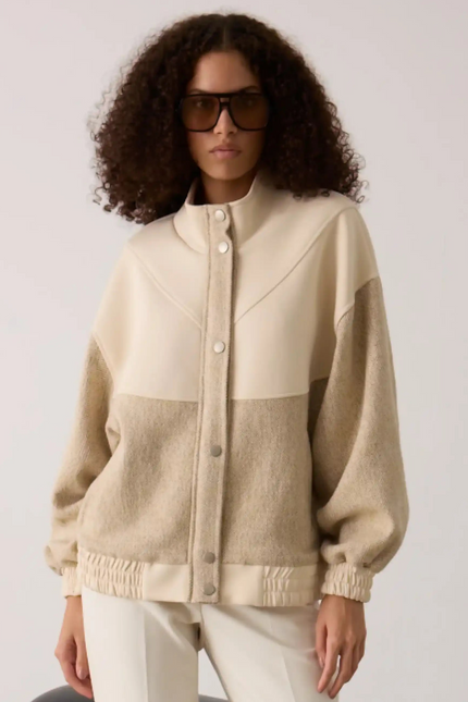 Bej Balıksırtı Desenli Bomber Ceket