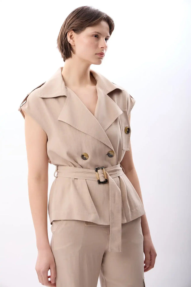 Kemerli Kruvaze Yelek (Bej)