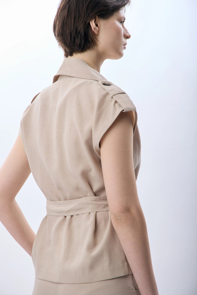 Kemerli Kruvaze Yelek (Bej)