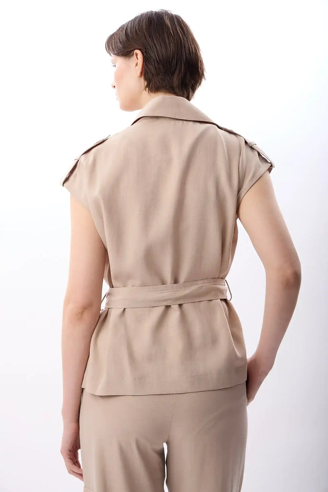 Kemerli Kruvaze Yelek (Bej)