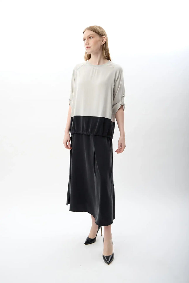 Büzgü Ayarlı İki Renkli Sweatshirt (Gri Siyah)