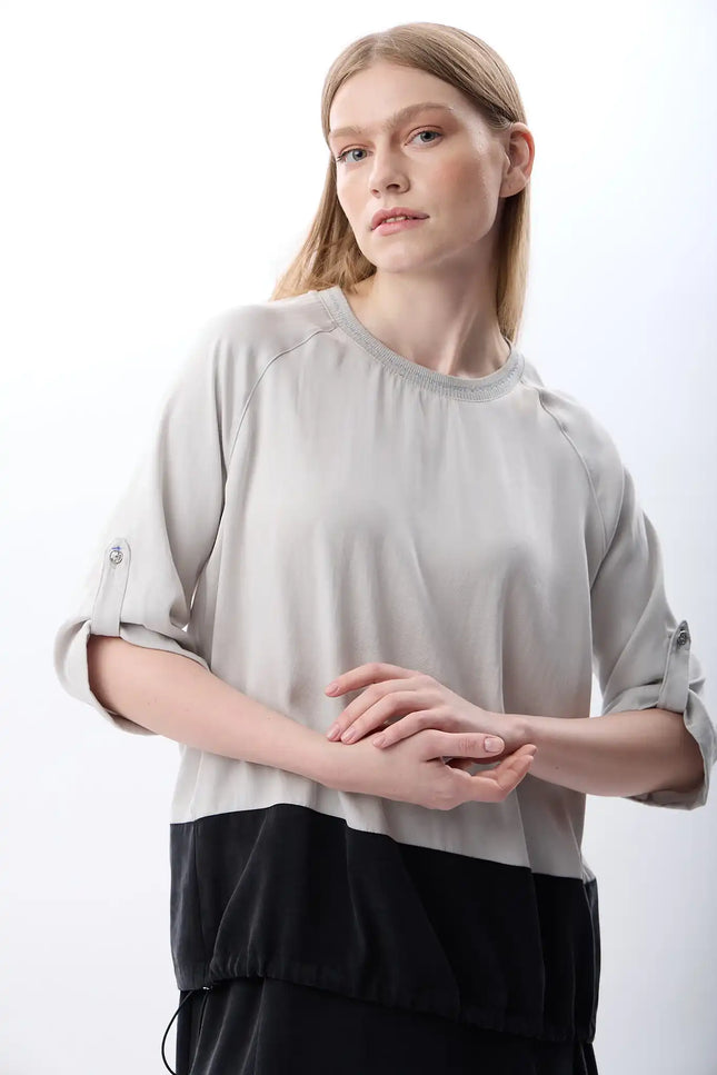 Büzgü Ayarlı İki Renkli Sweatshirt (Gri Siyah)