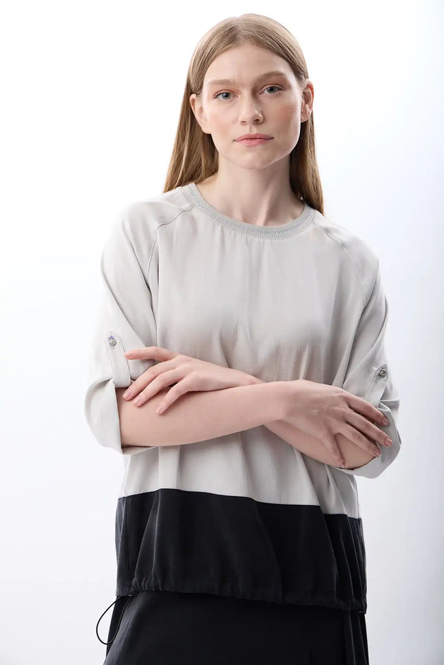 Büzgü Ayarlı İki Renkli Sweatshirt (Gri Siyah)