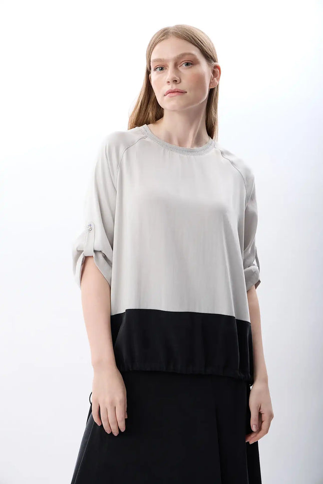 Büzgü Ayarlı İki Renkli Sweatshirt (Gri Siyah)