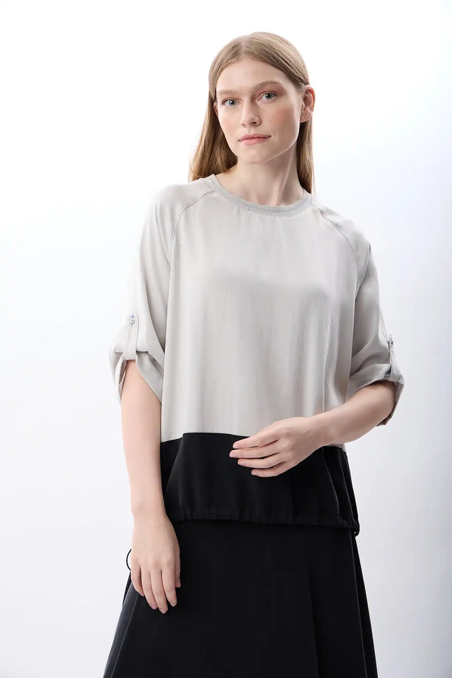 Büzgü Ayarlı İki Renkli Sweatshirt (Gri Siyah)
