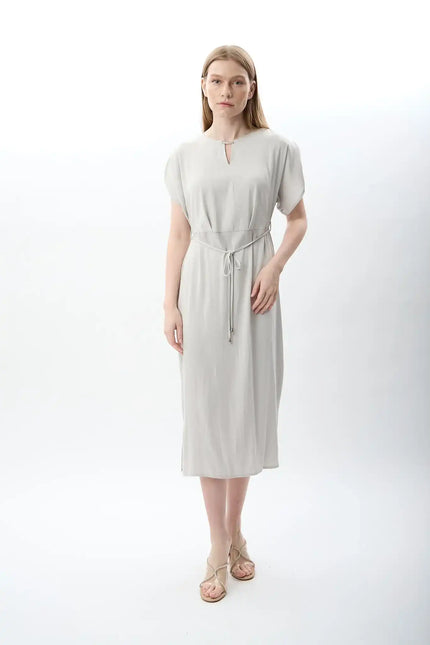 Belden Bağlamalı Yırtmaçlı Elbise (Gri)
