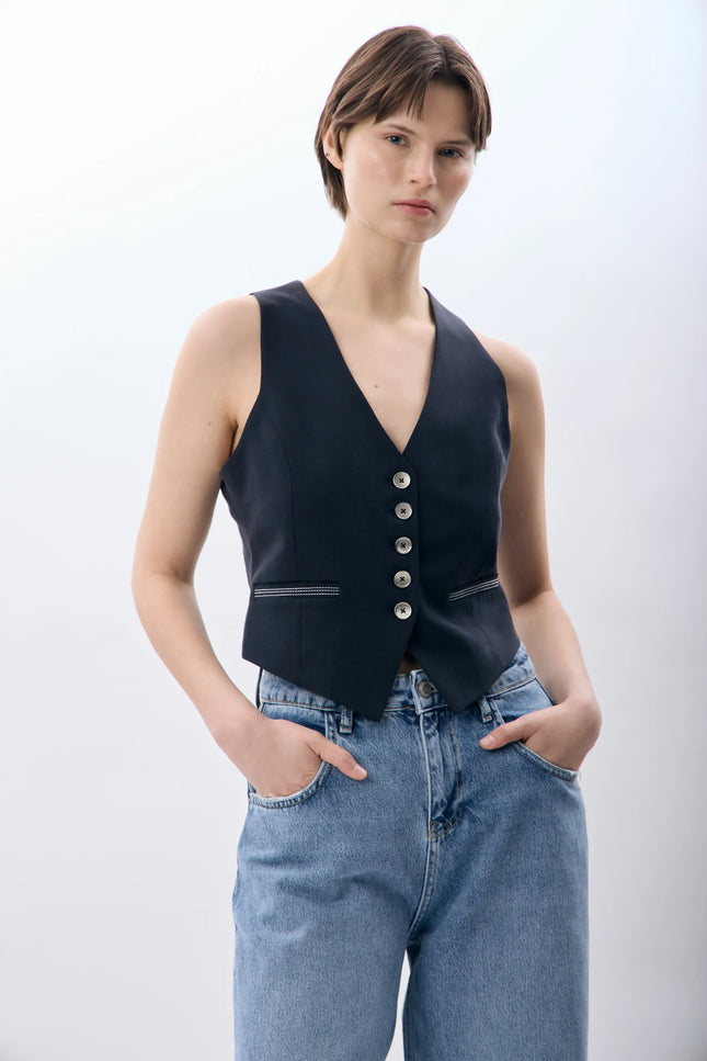 Dikiş Detaylı Kısa Yelek (Lacivert)