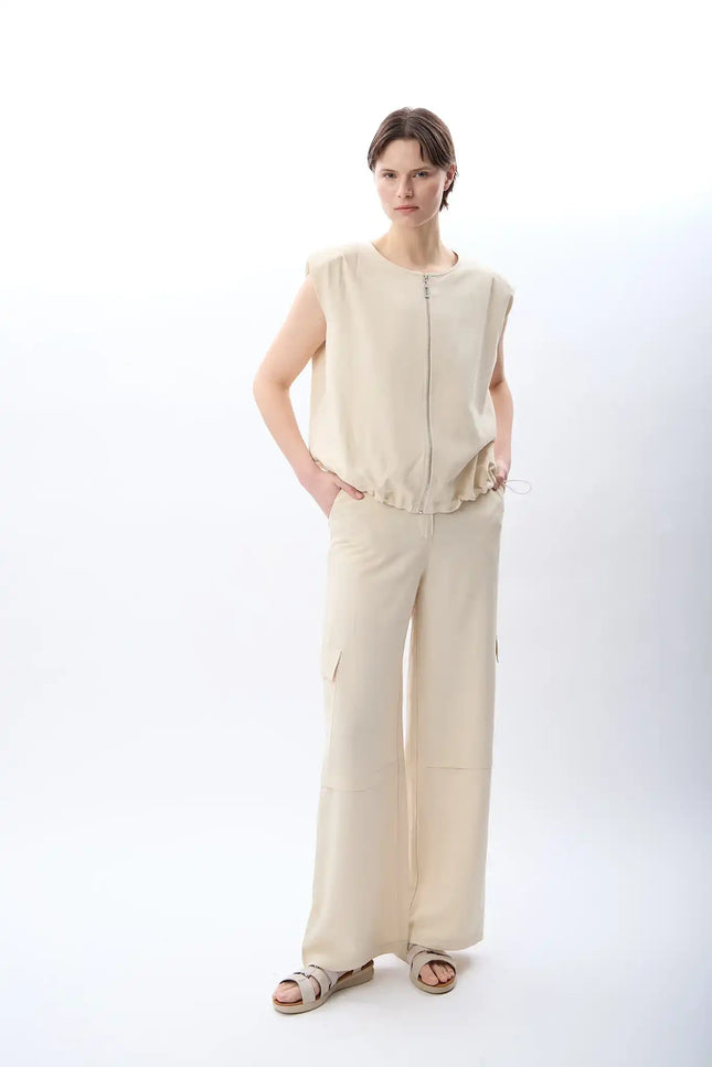 Büzgü Detaylı Bomber Yelek (Ekru)