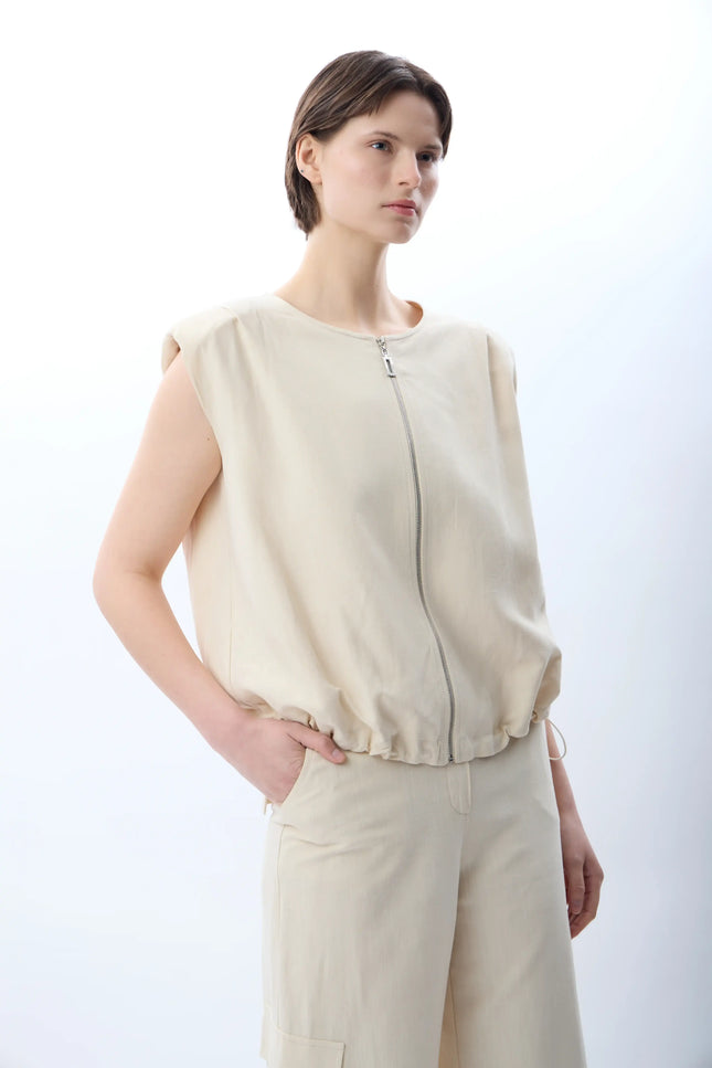 Büzgü Detaylı Bomber Yelek (Ekru)