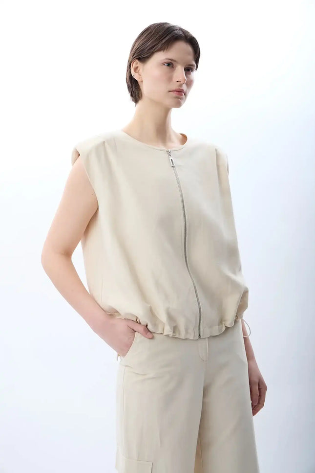 Büzgü Detaylı Bomber Yelek (Ekru)