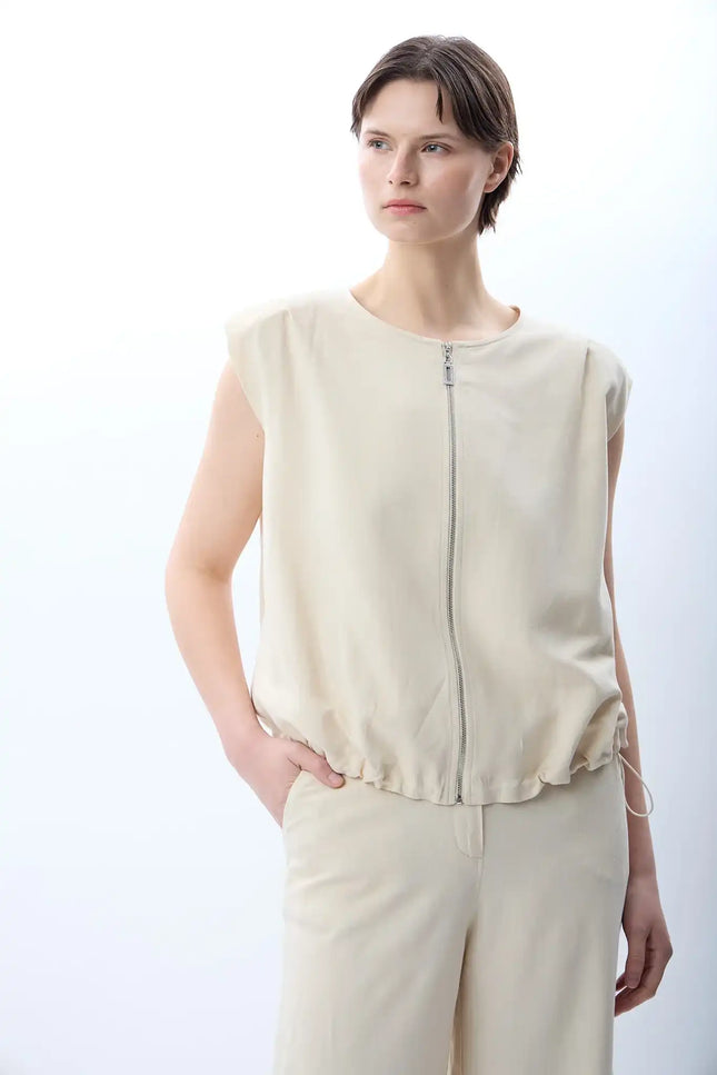 Büzgü Detaylı Bomber Yelek (Ekru)