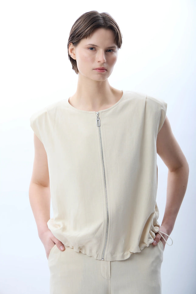 Büzgü Detaylı Bomber Yelek (Ekru)