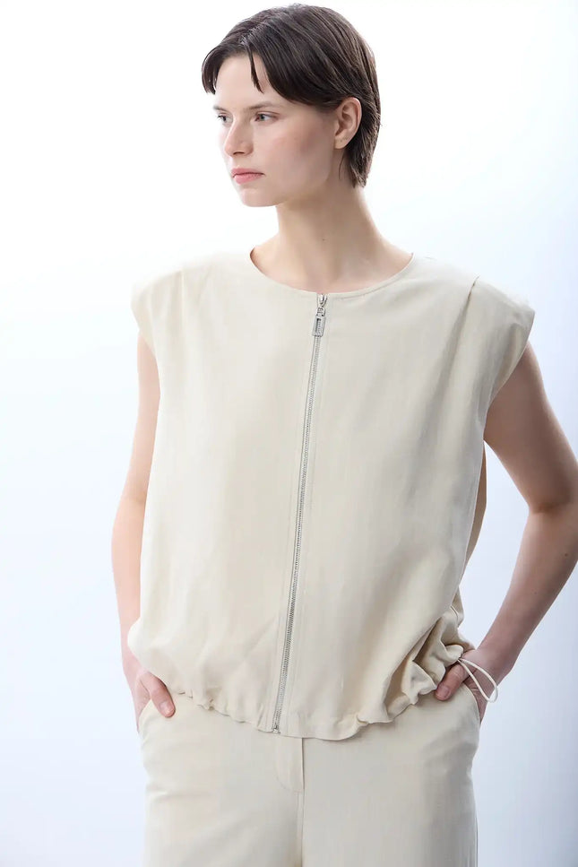 Büzgü Detaylı Bomber Yelek (Ekru)